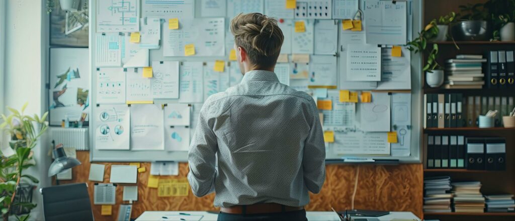 Un entrepreneur analysant des documents et graphiques, représentant la réflexion sur le dépôt de bilan et les solutions pour son entreprise.
